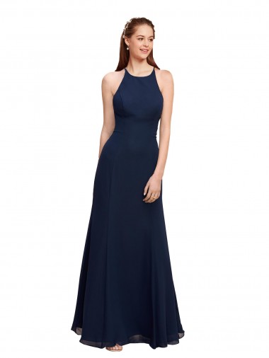 Sleeveless High Neck Soft Chiffon Dark Navy Long Prom Dress / Bridesmaid Dress Adelaide