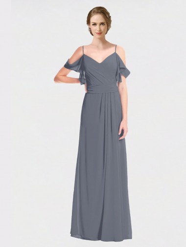 Flutter Sleeves V-Neck Soft Chiffon Slate Grey Long Bridesmaid Dress Adelaide