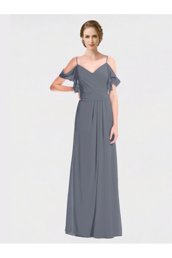 Flutter Sleeves V-Neck Soft Chiffon Slate Grey Long Bridesmaid Dress Adelaide