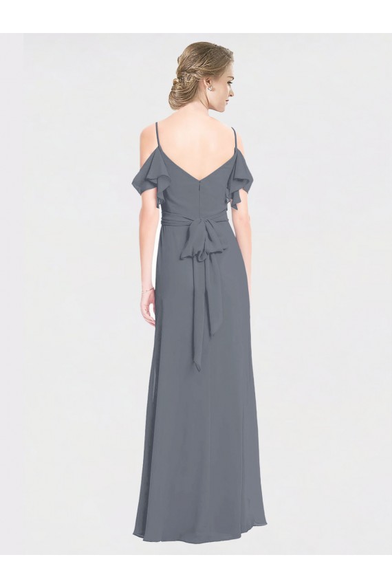 Flutter Sleeves V-Neck Soft Chiffon Slate Grey Long Bridesmaid Dress Adelaide