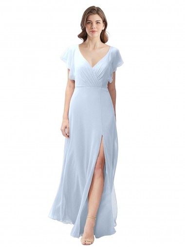 Flutter Sleeves V-Neck Soft Chiffon Light Sky Blue Long Bridesmaid Dress / Formal Dress Adelaide