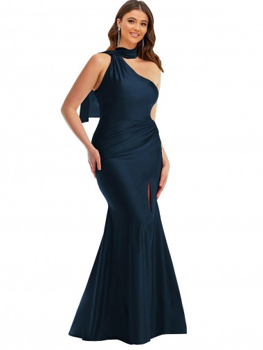 Sleeveless Halter Neck Silk like Satin Dark Navy Long Formal Plus Size Evening Gown / Prom Dress / Bridesmaid Dress Adelaide