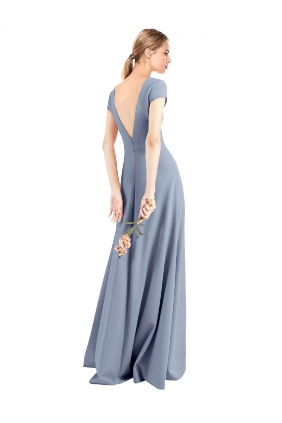 Cap Sleeves High Neck Stretch Crepe Smoke Blue Long Prom Dress / Bridesmaid Dress Adelaide