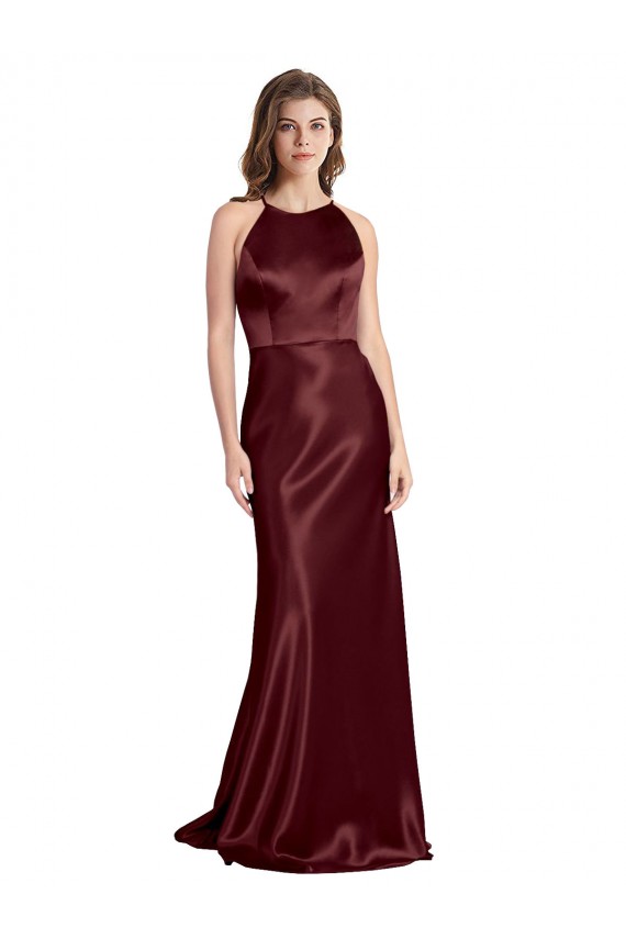 Sleeveless V-Neck Stretch Satin Burgundy Gold Long Formal Evening Gown / Prom Dress / Bridesmaid Dress Adelaide