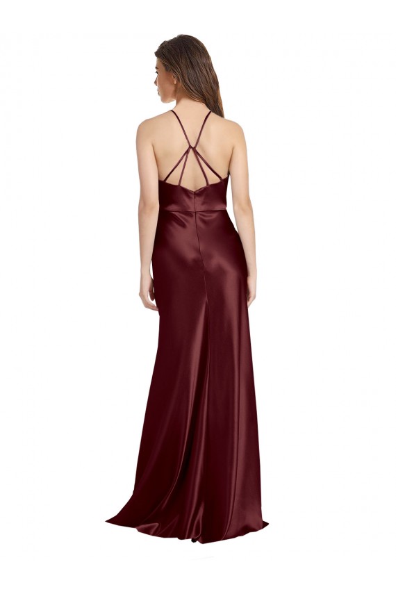 Sleeveless V-Neck Stretch Satin Burgundy Gold Long Formal Evening Gown / Prom Dress / Bridesmaid Dress Adelaide