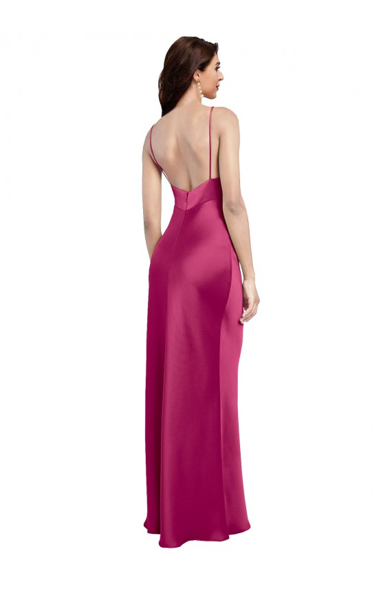 Sleeveless V-Neck Stretch Satin Fuchsia Long Formal Evening Gown / Prom Dress / Bridesmaid Dress Adelaide
